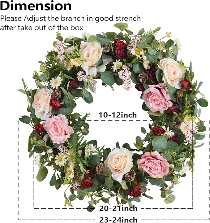 WANNA-CUL 24 Inch Large Spring Rose Wreaths for Front Door,Spring Front Door Wreath with Pink and Wine Red Floral Door Wreath with Eucalyptus Leaves for Wedding or Indoor&Outdoor Decorations-Ruum Studio Home