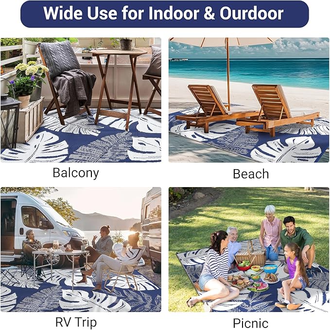 GAOMON Large Outdoor Plastic Rug 10x14 Waterproof Straw Rug Reversible Foldable Camping Mat with Stakes & Bag, Modern Tropical Leaf Farmhouse Outside Carpet for Patio RV Garden Deck, Blue-Ruum Studio Home