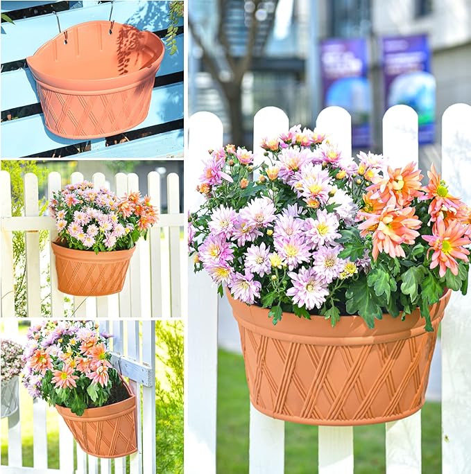 Sungmor Wall Hanging Planters,11.5 Inch Hanging Flower Pots for Railing Fence - Indoor Outdoor Balcony Wall Hanging Basket, Plastic Plant Pot Container - Half Round & 3PC Pack & Brick Red-Ruum Studio Home