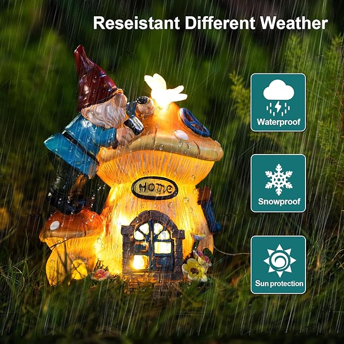 Garden Gnome Statues Figurine Lights - Solar Powered Lighting Outdoor Decorations, Gnome Build Mushroom Fairy House, Yard Art Lawn Ornaments for Porch Patio Balcony - Gnome Gifts for Women Mom-Ruum Studio Home