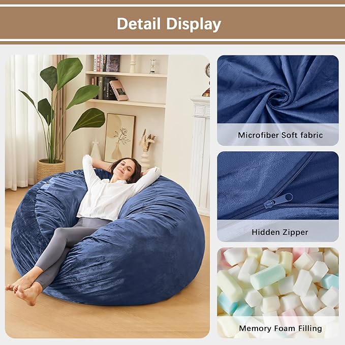 Bean Bag Chairs for Adults - Memory Foam Furniture BeanBag Chair - Kids/Teens Sofa with Soft Micro Fiber Cover - Round Fluffy Couch for Living Room Bedroom College Dorm - 5 ft, Navy-Ruum Studio Home