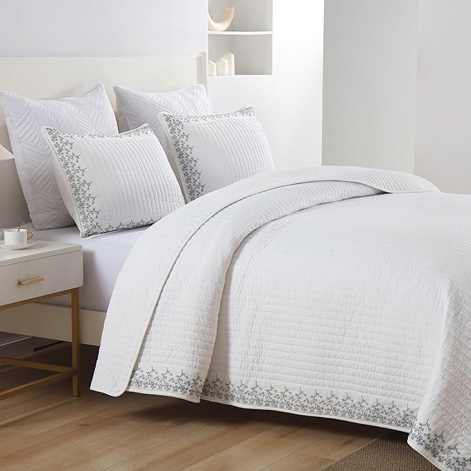 MarCielo 3-Piece 100% Cotton White Striped Quilt Set with Botanical Edge Embroidery TC(Sakura White,Queen (98" X 90"))-Ruum Studio Home