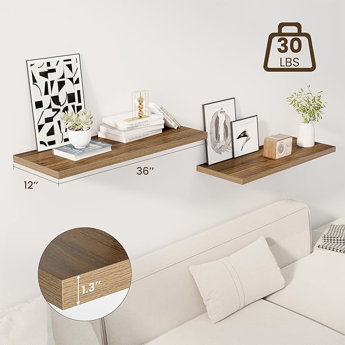 36" Floating Shelves for Wall, 12" Deep Slim Walnut Floating Shelves, Wall-Mounted Shelves for Bedroom, Living Room, Kitchen, Bathroom - Set of 2-Ruum Studio Home