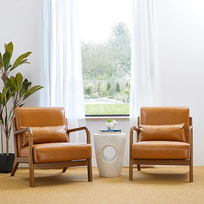 Glitzhome 30" H Mid Century Yellowish Brown Accent Armchair, Single Reading Sofa, PU Leather Lounge Chair with Walnut Ruberwood Frame for Livingroom or Office-Ruum Studio Home