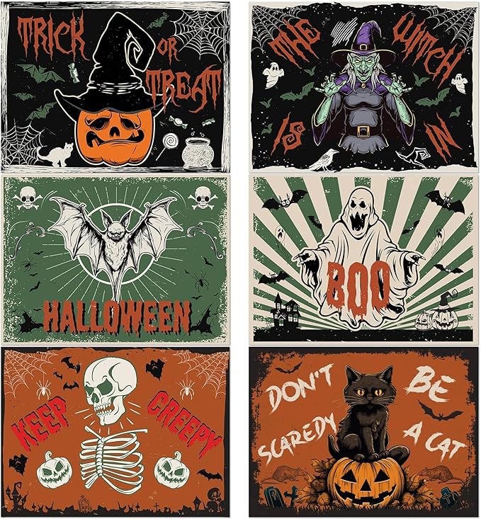 Halloween Placemats Set of 6 Vintage Plastic Table Mats Black Cat Place Mats Washable Ghost Witch Bat Rectangle Skull Table Decoration for Indoor Outdoor Party Kitchen Dining-Ruum Studio Home