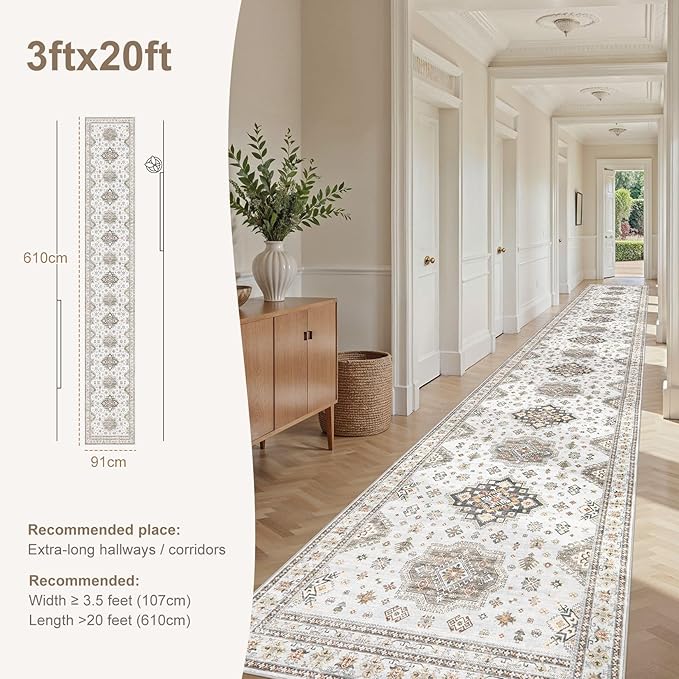 Washable 3x20 Runner Rug - Area Rugs Neutral Vintage Distressed Floral Farmhouse Boho Large Soft Floor Rug Indoor Carpet for Hallway Entryway Home - Blue Brown-Ruum Studio Home