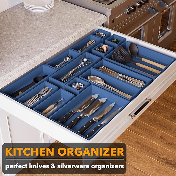 SpaceAid 14-Piece Bamboo Drawer Organizer Storage Boxes Set, Wood Tray Junk Drawer Organizers Multi-Use Divider Bins for Kitchen, Bathroom, Office Desk and Makeup Organization (14 Pack, Navy Blue)-Ruum Studio Home