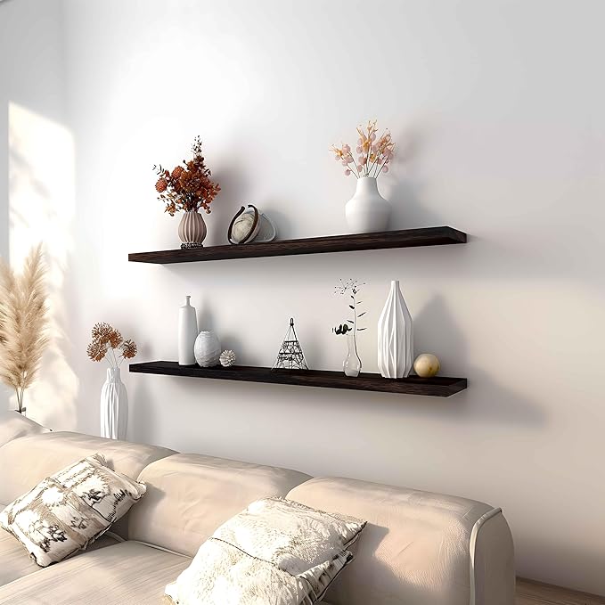 Wood Floating Shelves for Wall Decor, Rustic Wall Shelves for Bedroom Bathroom Kitchen Living Room, Set of 4 Walnut 48 Inch-Ruum Studio Home