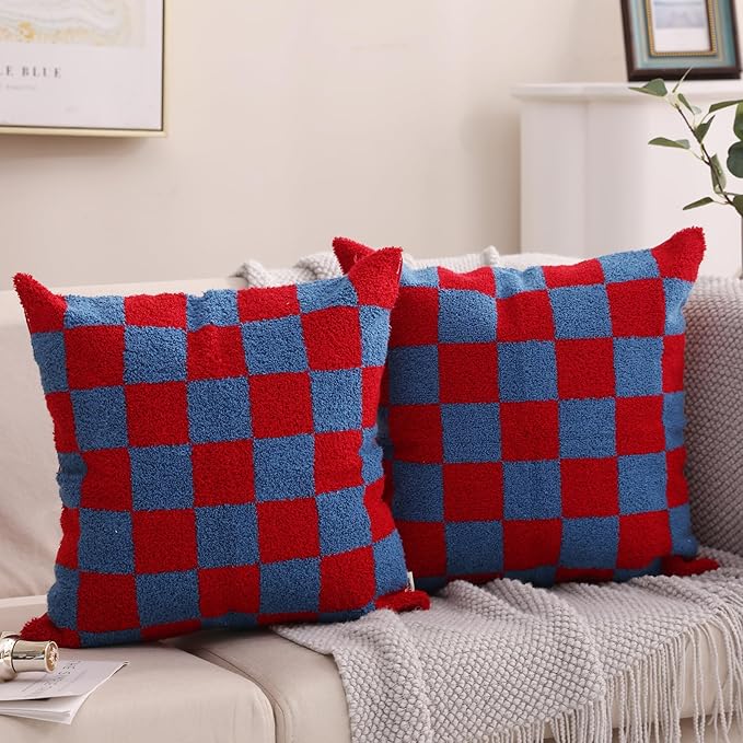 Alysheer Checkered Embroidered Decorative Throw Pillow Covers 18"x 18" Set of 2, Classic Chic Red Blue Plaid Tufted Patterned Cotton Canvas Cushion Case for Sofa Couch Bed Living Room-Ruum Studio Home