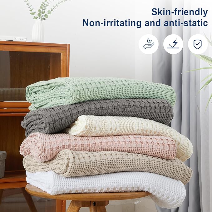 PHF 100% Cotton Waffle Weave Blanket Twin Size, Soft Lightweight Breathable Cozy Summer Blankets for Bed, Luxury Aesthetic Woven Bedding for Home Decor, 66"x90", Cannoli Cream-Ruum Studio Home