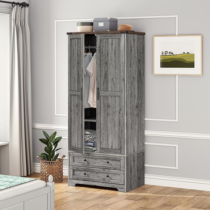 Brafab Armoire Wardrobe Closet with 2 Modern Doors, 71" Tall Freestanding Closet Wardrobe Cabinet with Drawers and Hanging Rail, Light Wooden Storage Cabinet with Shelve for Bedroom (Grey, 2 Doors)-Ruum Studio Home