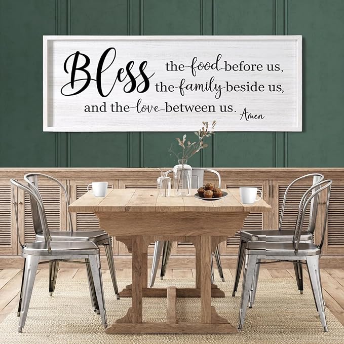 Bless the Food Before Us, the Family Beside Us, and the Love between us Framed Wall Art for Dining Room, 40''×15'' Holy Positive Religious Rustic Bible Verse for Christian God Jesus Christ Prayer-Ruum Studio Home