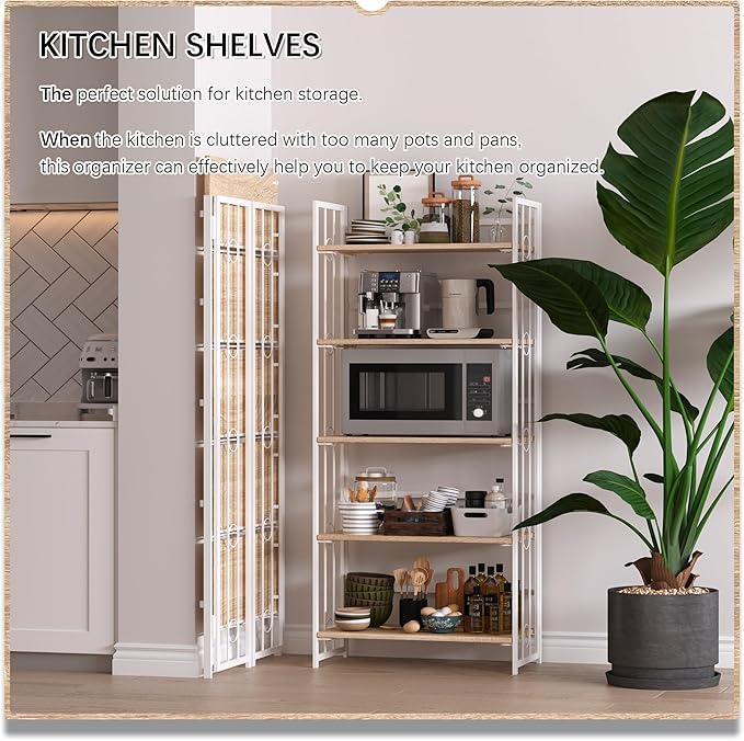 4NM No Assembly 5 Tiers Folding Bookshelf, 59.4" H Foldable Storage Shelves Vintage Bookcase Standing Racks Study Organizer Home Office - Natural White-Ruum Studio Home