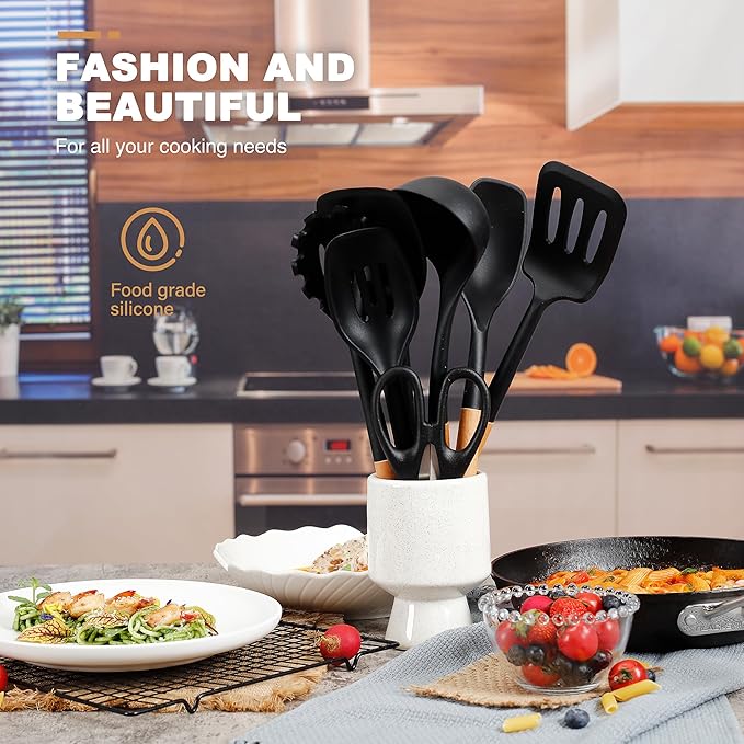 QMVESS Silicone Cooking Utensils Set, Kitchen Utensils Set 7 Pcs with Long Wooden Handle, Food Grade and Heat Resistant Large Silicone Spatula Set for Nonstick Cookware, BPA Free（Black）-Ruum Studio Home