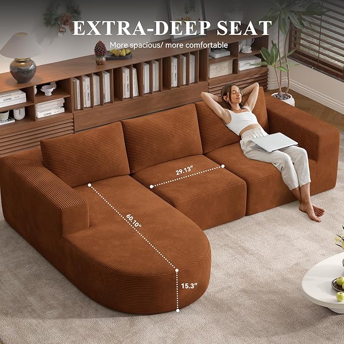 Modular Sectional Sofa with L-Shape Chaise,Cloud Sectional Modern Sleeper Couch with Deep Seat,Sponge Compression Sofas No Assembly Required (Brown-Corduroy Fabric) 1PCS-Ruum Studio Home