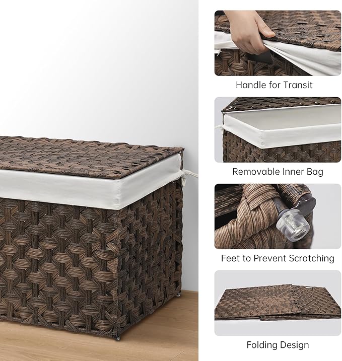 Wicker Storage Basket with Lid, 27.7 Gallon (105L) Large Blanket Basket with Lid, Woven Storage Bin with Handles, Removable Liner, Metal Frame, Foldable, for Bedroom, Laundry Room, Brown-Ruum Studio Home