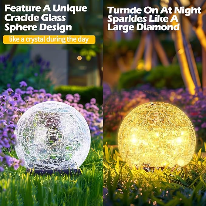 Garden Solar Ball Lights Outdoor Waterproof, 80 LED Cracked Glass Globe Solar Power Ground Lights for Path Yard Patio Lawn, Christmas Decoration Landscape Warm White(2 Pack 5.9'')-Ruum Studio Home