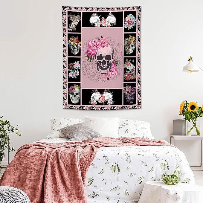 yowecso Sugar Skull Tapestry Horror Skeleton Tapestry Wall Hanging for Bedroom Rose Skull Tapestries Aesthetic Wall Decor for Home Dorm Living Room 50"x60"-Ruum Studio Home