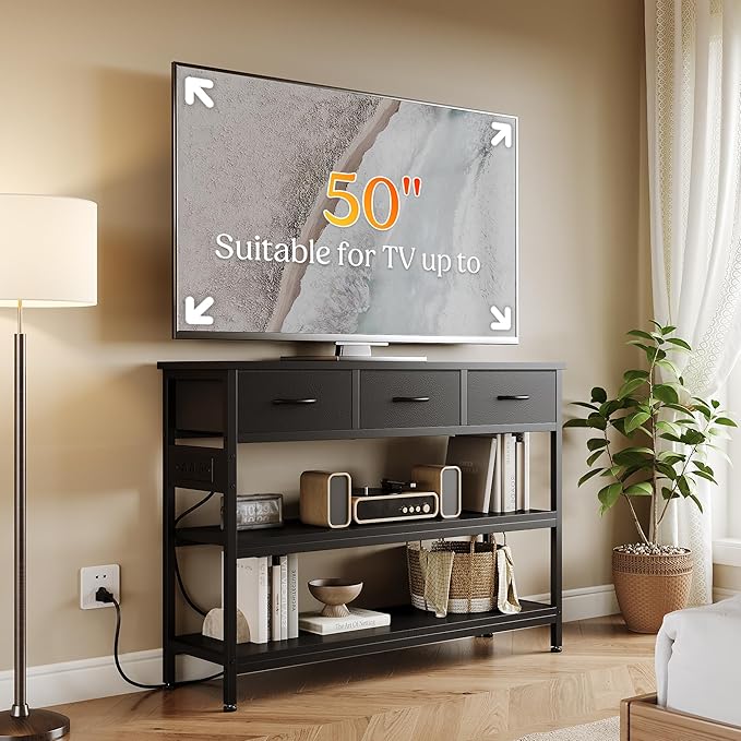 Lulive Entryway Table with Power Outlets, Console Table with 3 Fabric Drawers, Sofa Table for Living Room, Hallway, Couch, Foyer, Height Adjustable (Black, 43")-Ruum Studio Home