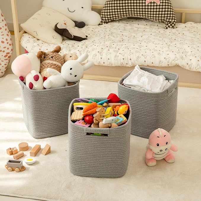OIAHOMY Storage Cubes 11 Inch Bins-3-Pack, Cotton Rope Woven Baskets for Organizing, Square Storage Baskets for Shelves, Classroom, Kids Toy Bins, Closet, Baby Nursery-Grey-Ruum Studio Home