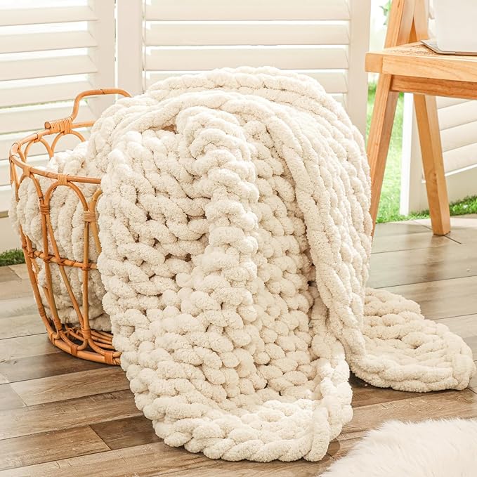 Bigacogo Chunky Knit Throw Blanket for Couch, 40x60 inches, 100% Hand Knitted with Thick Jumbo Chenille Yarn, Cozy Soft Large Rope Knot Cable Crochet Blankets for Sofa Bed Living Room, Beige-Ruum Studio Home