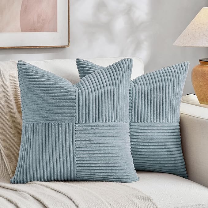 Fancy Homi Set of 2 Light Blue Big Decorative Throw Pillow Covers 24x24 Inch for Couch Bed Sofa, Rustic Farmhouse Boho Home Decor, Soft Cross Corduroy Patchwork Accent Square Cushion Case 60x60 cm-Ruum Studio Home