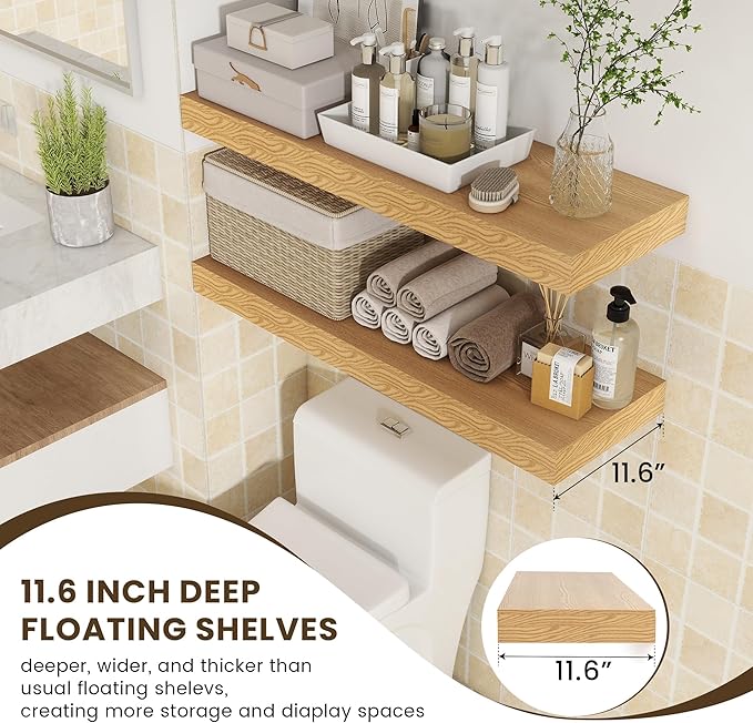 Deep Floating Shelves for Wall, 35.4W x 11.6D Rustic Large Wall Shelves Set of 2, 11.6 Inch Deep Oak Shelves 35.4 Inches Long, Bookshelf Laundry Shelf TV Shelf-Ruum Studio Home