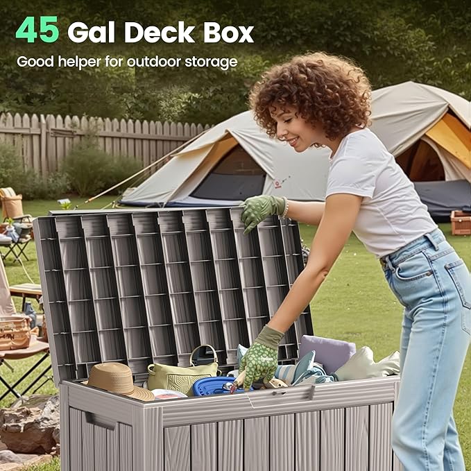 45 Outdoor Storage Box, Waterproof Resin Deck Box with Side Handles, Lockable Outdoor Bench for Indoor & Outdoor Use, Storage Bin for Patio Cushions, Garden Tools, Package Delivery, Grey-Ruum Studio Home