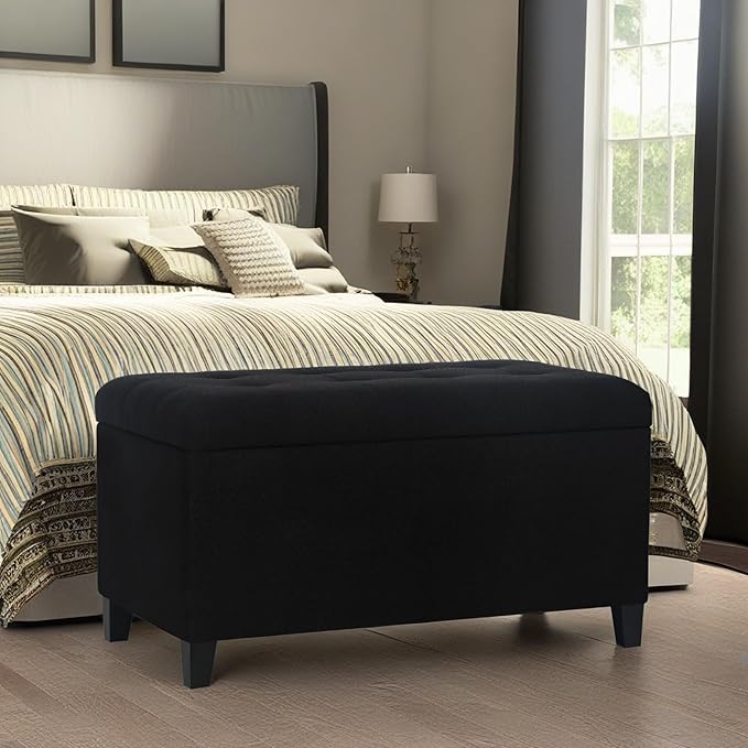 Asense Storage Ottoman Bench, Tufted Fabric Upholstered End of Bed Bench with Safety Hinge Wooden Legs, for Entryway Bedroom (Cotton and Linen Black, 33.3")-Ruum Studio Home