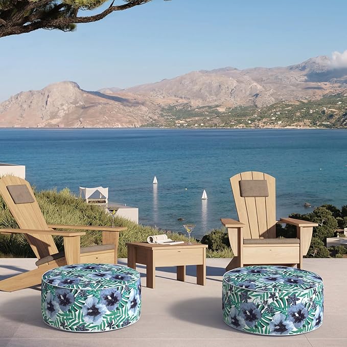 Inflatable Ottoman Stool D21 xH9 for Outdoor/Indoor Use, Water Repellent Patio Foot Rest with Portable Handle,Round Pouf Ottoman Suitable for Garden,Deck and Camping - Blue Salmone Tropical-Ruum Studio Home