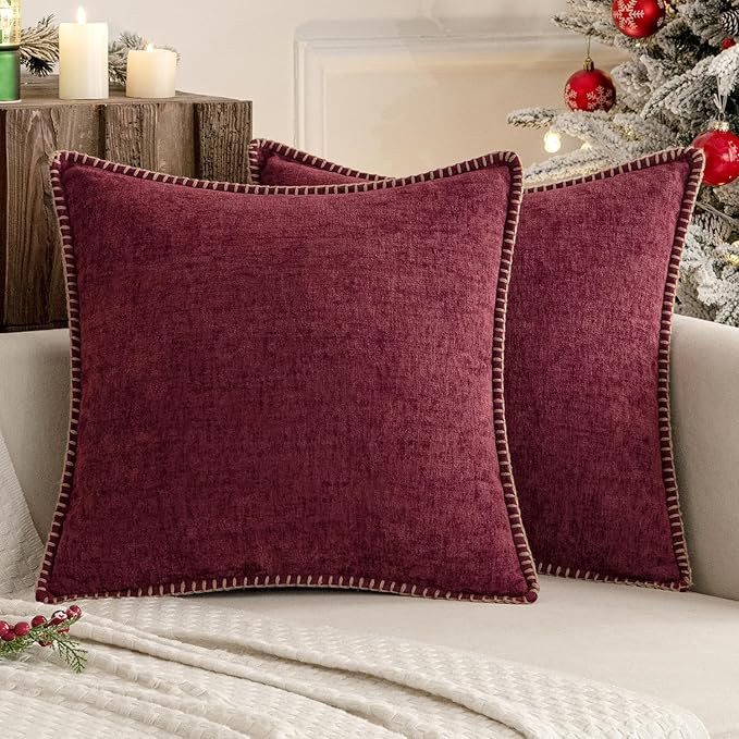 MIULEE Pack of 2 Christmas Pillow Covers 20x20 Inch Burgundy Red Farmhouse Decorative Throw Pillow Covers with Stitched Edge Soft Chenille Solid Dyed Couch Pillow Covers for Sofa Bed Living Room-Ruum Studio Home
