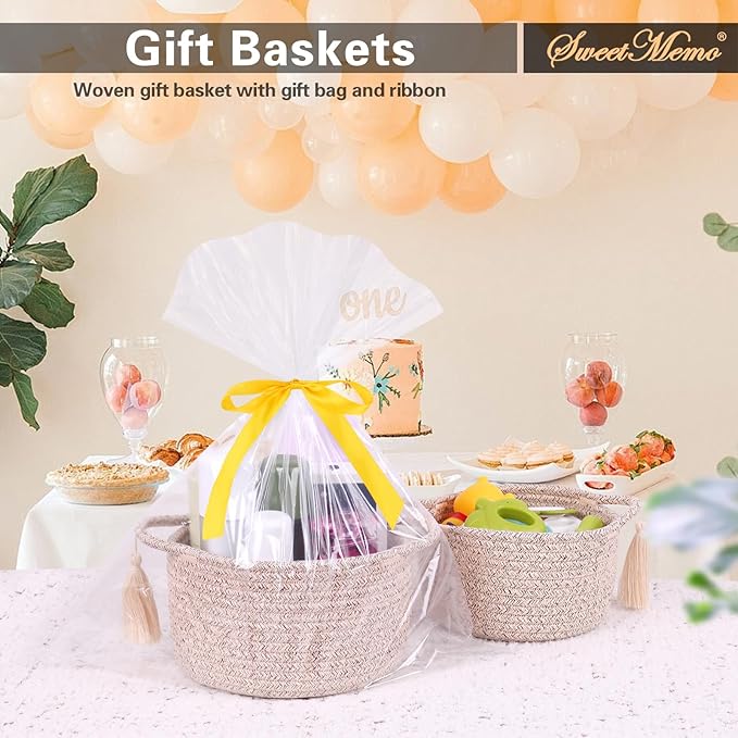 Small Soft Organizer Baskets，Decorative Mini Round Woven Rope Storage Bin Empty Gift Baskets for Man，Office, Desk Decor, Gifting, Kids, Toys, Pre Shaped, Brown, 2 Pack-Ruum Studio Home