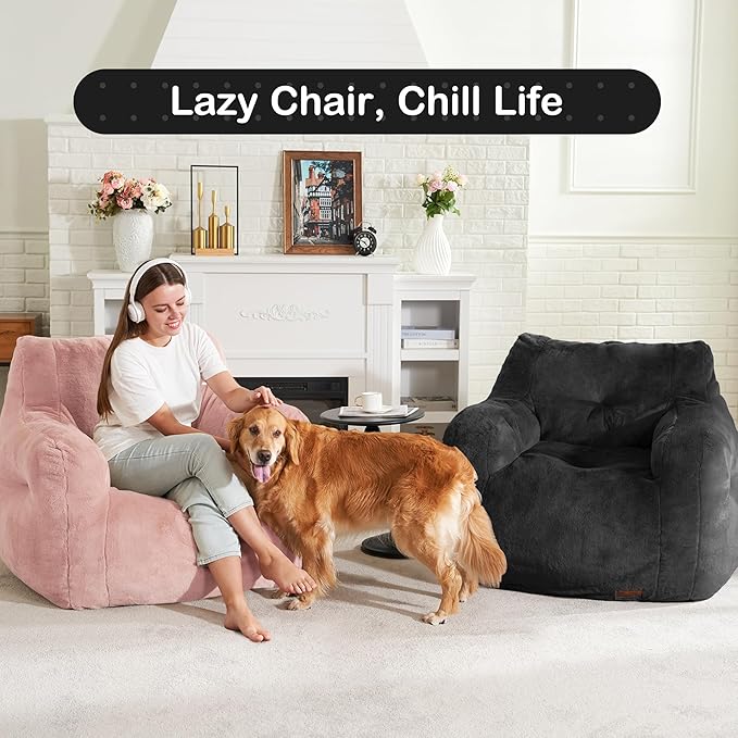 Hobestluk Bean Bag Chair for Adult Small Bean Bag Chairs with Arms Furry Beanbag Chair with Foam Filler Stuffed Bean Bag Sofa for Reading in Bedroom Living Room and Dorms (Black)-Ruum Studio Home
