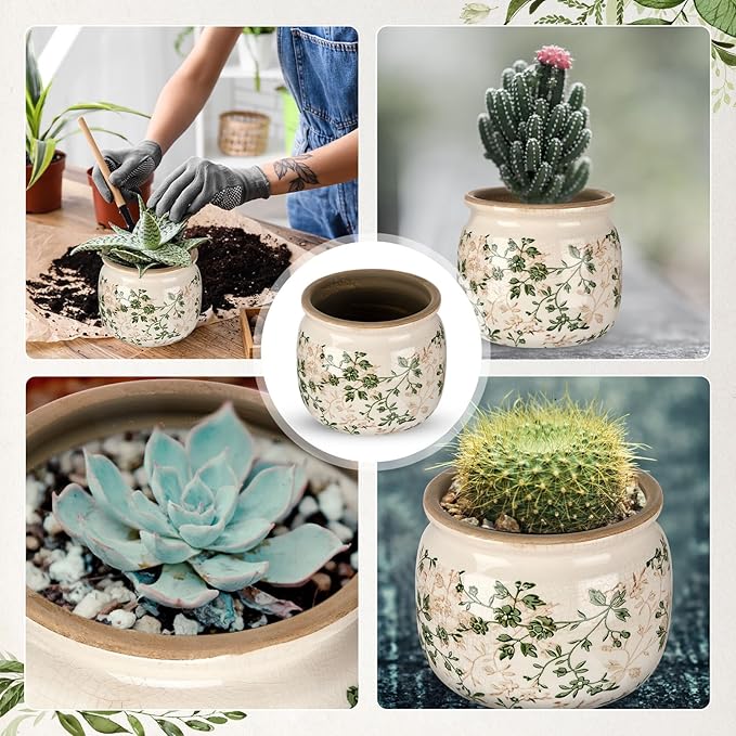 Vintage Planter Large Ceramic Plants Pot Green Pink Pastoral Floral Ice Crack Cottage Scroll Vase Flower Vase Pot Indoor Plants Home Kitchen Decor Farmhouse Antique Decorative Gifts-Ruum Studio Home