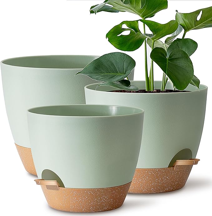 Giraffe Creation Plant Pots Set of 3 (12/10/9 inch), Self-Watering Indoor & Outdoor Flower Planters with Drainage Hole and Reservoir, Green-Ruum Studio Home
