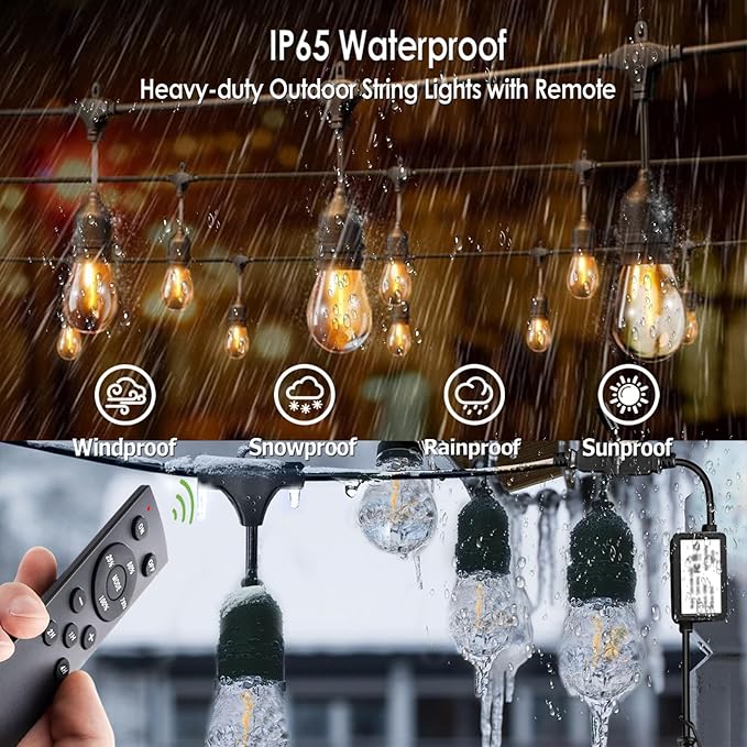 190FT Remote Controlled Outdoor String Lights Patio String Lights for Outside, 60+3 Shatterproof S14 Warm Lights String Outdoor for Bistro Café Gazebo Backyard, Linkable, 2 Pack-Ruum Studio Home