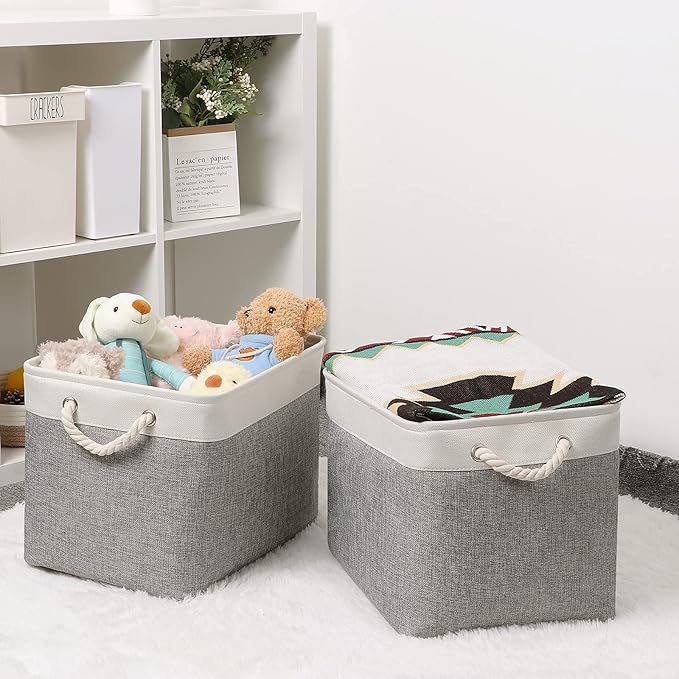 Bidtakay Storage Baskets for Organizing Large Storage Bins for Shelves 2 Pack 16x12 in Fabric Baskets for Blanket Nursery Toy Storage Collapsible Organizer Bins Closet Organizers Storage-Grey&White-Ruum Studio Home