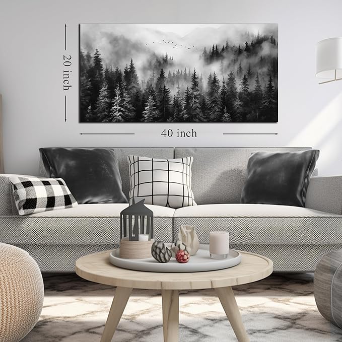 Foggy Forest Wall Art for Living Room,Black and White Pictures for Wall,Tree Wall Decor for Bedroom 20 x 40 Inch-Ruum Studio Home