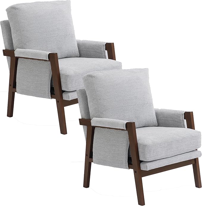 Modern Accent Chairs Set of 2 for Living Room Mid Century Arm Chairs Upholstered Bedroom Chairs Comfy Lounge Chairs with Solid Wood Frame, White-Ruum Studio Home