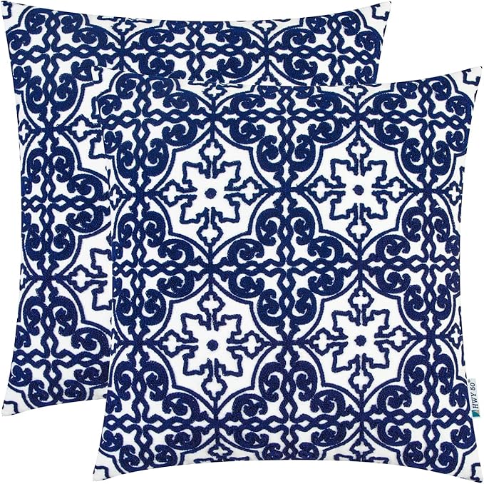HWY 50 Navy Blue Decorative Throw Pillow Covers 18x18 Inch, Pack of 2 Embroidered Cotton Farmhouse Cushion Cover Pillow Case for Sofa Couch Living Room Bed Bedroon, Modern Pattern-Ruum Studio Home