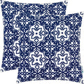 HWY 50 Navy Blue Decorative Throw Pillow Covers 18x18 Inch, Pack of 2 Embroidered Cotton Farmhouse Cushion Cover Pillow Case for Sofa Couch Living Room Bed Bedroon, Modern Pattern-Ruum Studio Home