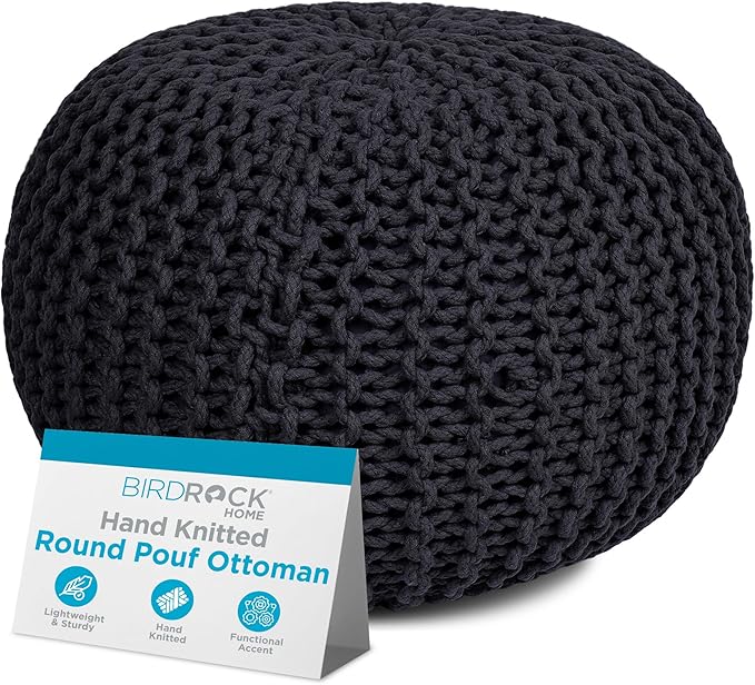BIRDROCK HOME Round Pouf Ottoman | Cotton Braided Foot Stool with Bean Bag Filling | Boho Foot Rest for Living Room & Bedroom | Compact & Comfortable Seating, Lightweight & Soft | Charcoal-Ruum Studio Home