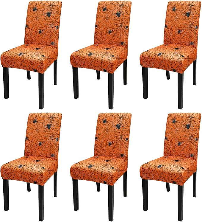 JQinHome Halloween Orange Dining Chair Slipcover, Spider Web Chair Covers Set of 6 ，High Stretch Washable Chair Protector Cover for Dining Room, Kitchen,Home Party,Wedding Ceremony(Orange, 6PC)-Ruum Studio Home