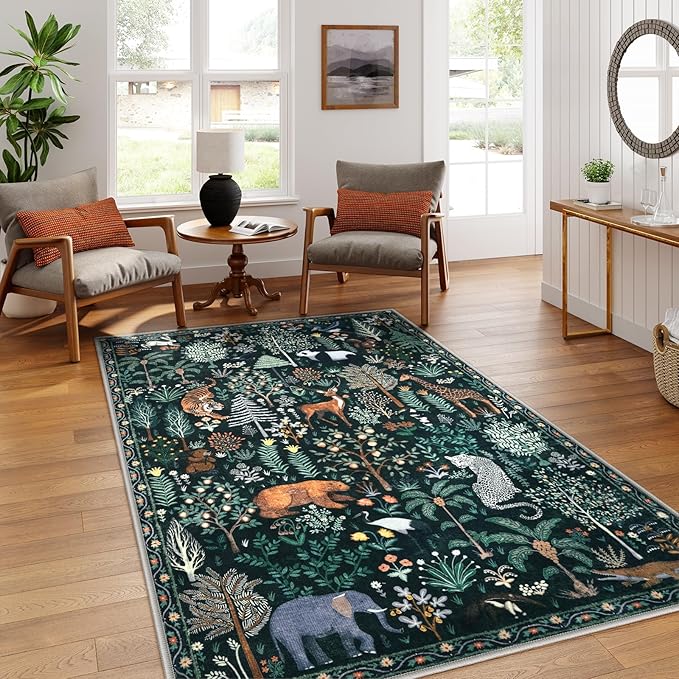 OJIA Jungle Print 5x7 Area Rugs for Living Room, Green Soft Washable Rugs for Bedroom Ultra-Thin Non-Slip Modern Rug, Stain Resistant Nursery Rug Carpet for Kids Playroom Nursery Dining Room-Ruum Studio Home