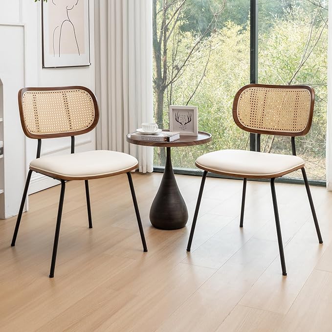 Rattan Dining Chairs Set of 2, Mid Century Modern Dining Chairs with Cane Back for Kitchen Dining Room, 19 Inch Faux Leather Beige-Ruum Studio Home