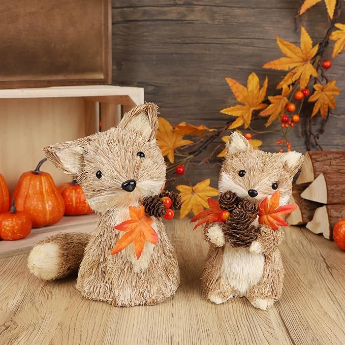 winemana Fall Decor Thanksgiving Decoration Sisal Fox, Set of 2 Table Centerpiece Foxes Animals Figurines, Handmade Ornaments Autumn Fall Decorations for Home Mantel Fireplace-Ruum Studio Home