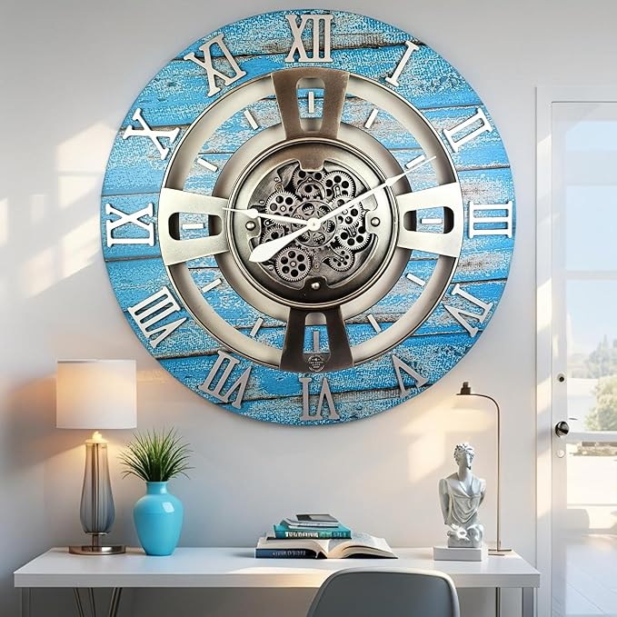 The Gears Clock Real Moving Gear Wall Clock England Line (Ocean Blue, 24 inches (60 cm))-Ruum Studio Home