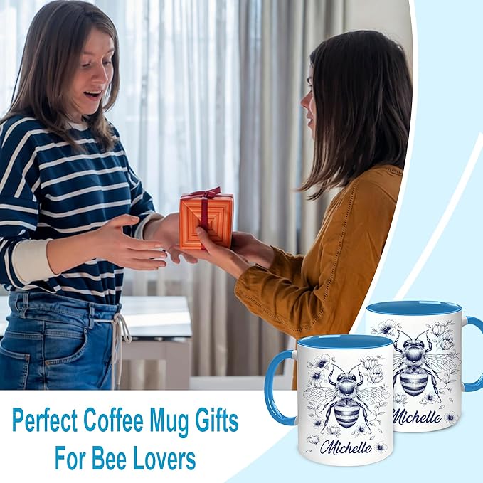 Hyturtle Personalized Floral Bee Mug - Bee Keeper Gifts For Women Lovers Teacher - Honey Gifts For Beekeeper Farmer On Birthday - Queen Honeycomb Decor - Custom Coffee Cup Ceramic Mug 11 Oz 15 Oz-Ruum Studio Home
