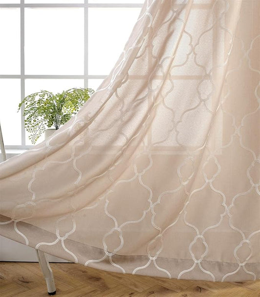 MIUCO Moroccan Embroidered Semi Sheer Curtains Faux Linen Grommet Window Drapes for Living Room 52 x 95 Inch 1 Pair Set, Linen-Ruum Studio Home