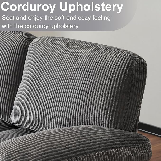 Karl home U-Shape Sectional Sofa Couch 111" Modern 4-Seat Sofa with Chaises Corduroy Fabric Upholstered Covertible Couch with Wood Grain Legs for Living Room, Reception Room, Apartment, Dark Gray-Ruum Studio Home